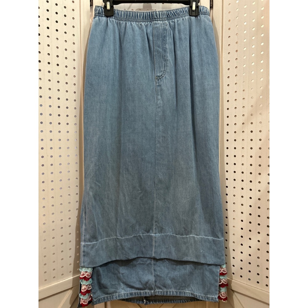 White Stag Light Blue Denim Maxi Skirt with Crochet Hem Accents
